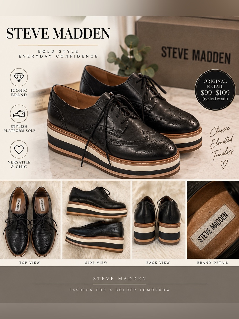 Steve Madden Black Leather Wingtip Platform Derbys with Striped Sole